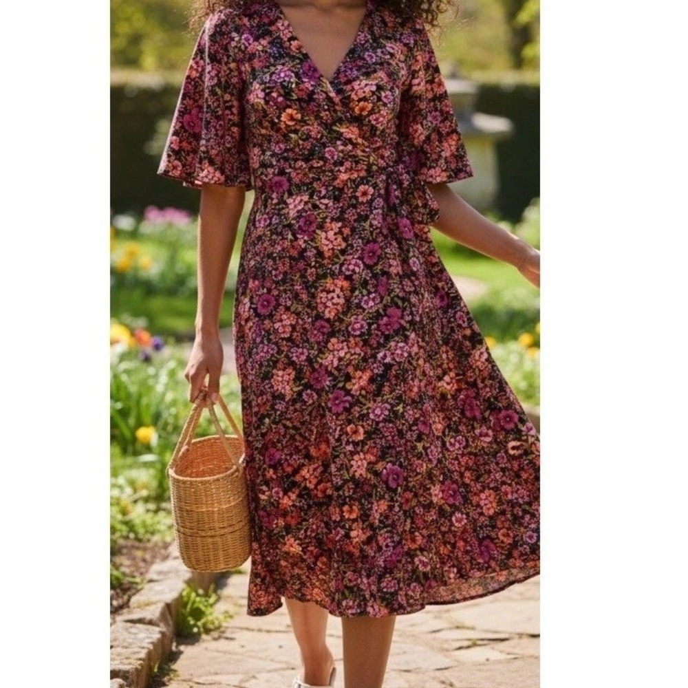 Anne Klein Faux Wrap Dress Black Pink Floral V-Neck Flutter Sleeve Womens L New